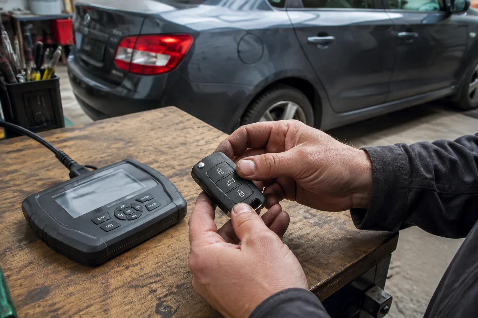 Hands holding a black car key fob above a workbench, beside a wired handheld device with a screen. — Car Key Replacement, Welland