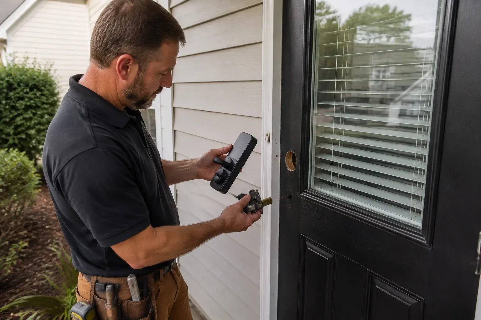 Person holding a black door-handle assembly and a latch beside a glazed door with exposed lock openings. — Smart Lock Installation, Fenwick
