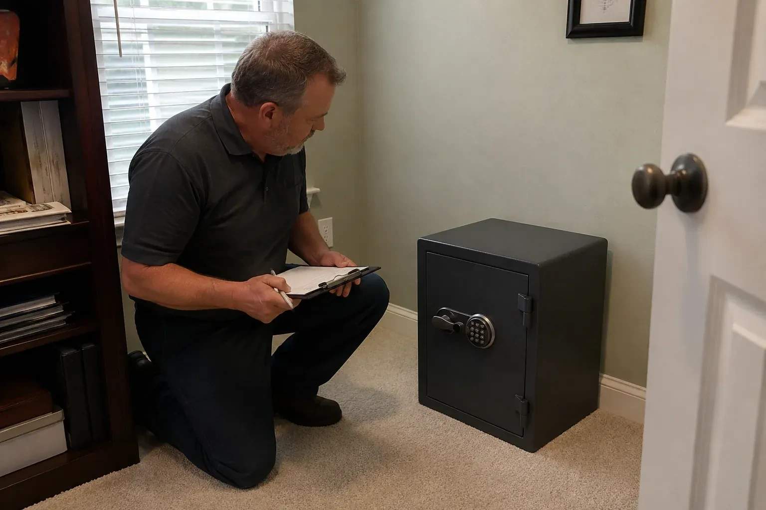 Person holding a clipboard beside a closed black safe with a circular keypad in a carpeted room. — Safe Installation & Servicing, Welland