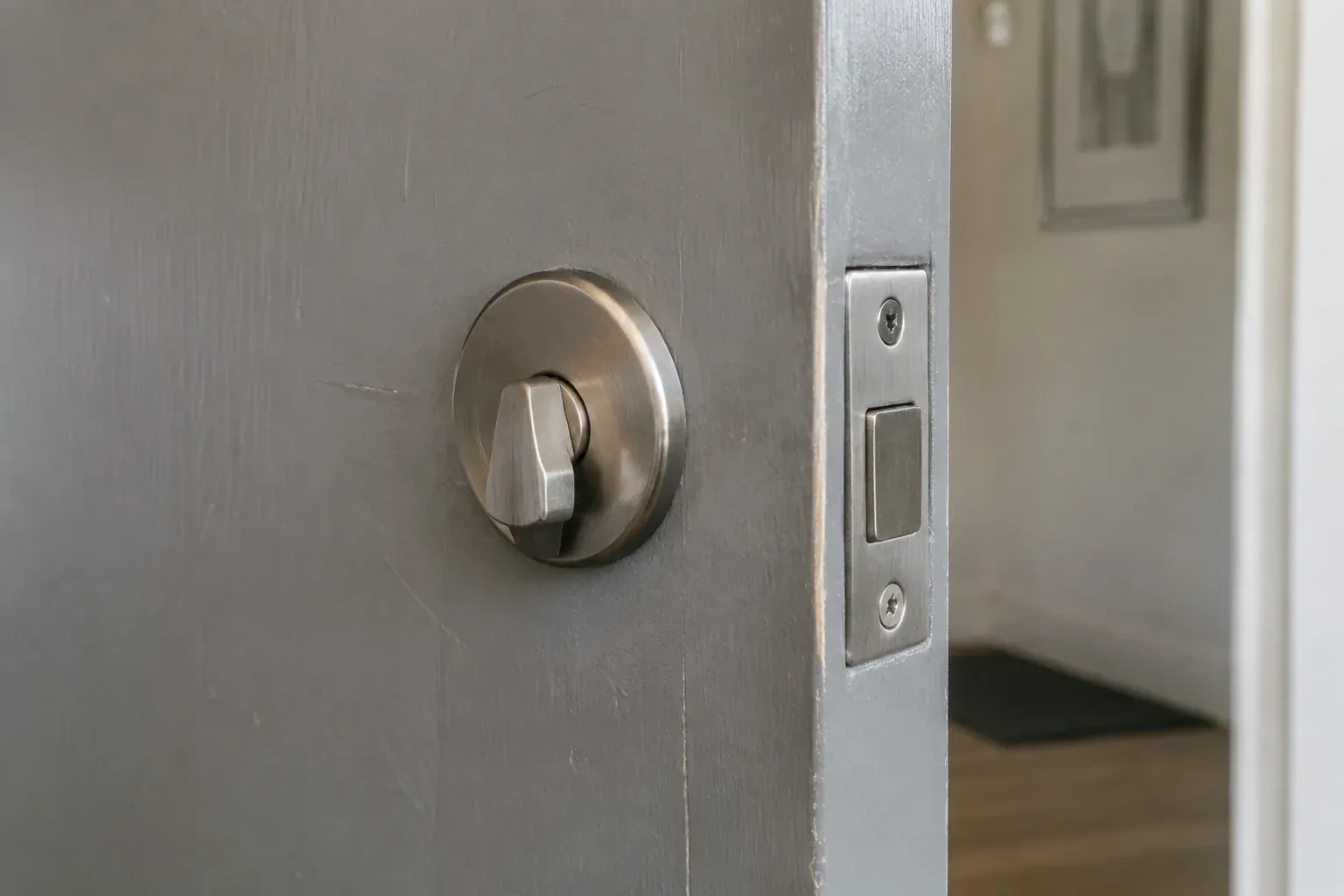 Close view of a satin-nickel deadbolt thumbturn and edge faceplate on a painted timber door. — Deadbolt Installation, Welland