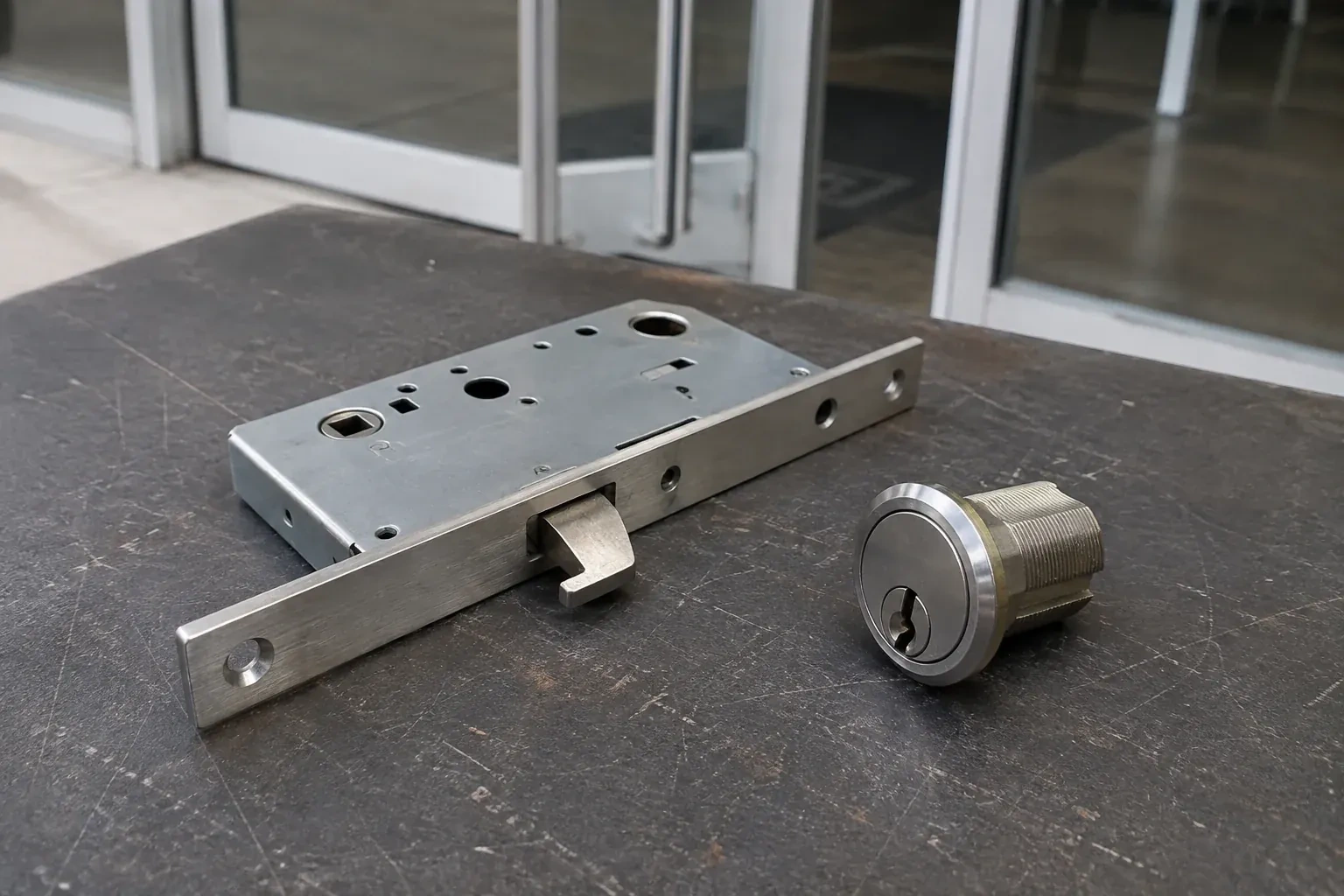 Detached mortise lock body with a projecting hook-shaped bolt beside a threaded cylinder. — Commercial-Grade Lock Replacement, Welland