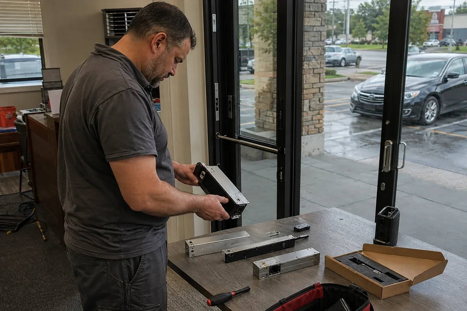 Person holding a rectangular door-hardware housing at a table with additional metal assemblies beside a glass entrance. — Access Control Installation, Welland