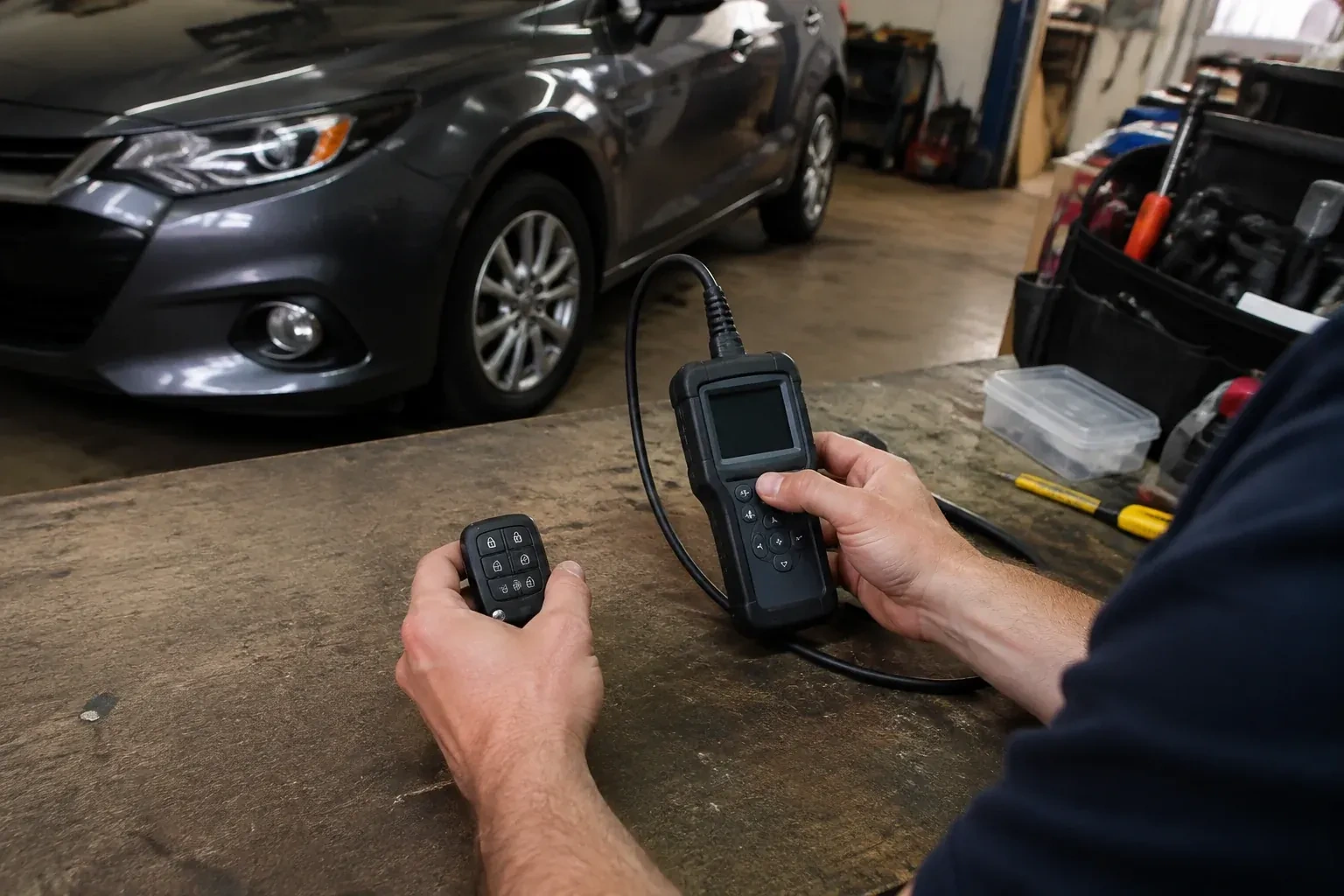 Hands holding a car-key fob and a small wired electronic device above a workbench in a garage with a parked car. — Key Fob Programming, Welland
