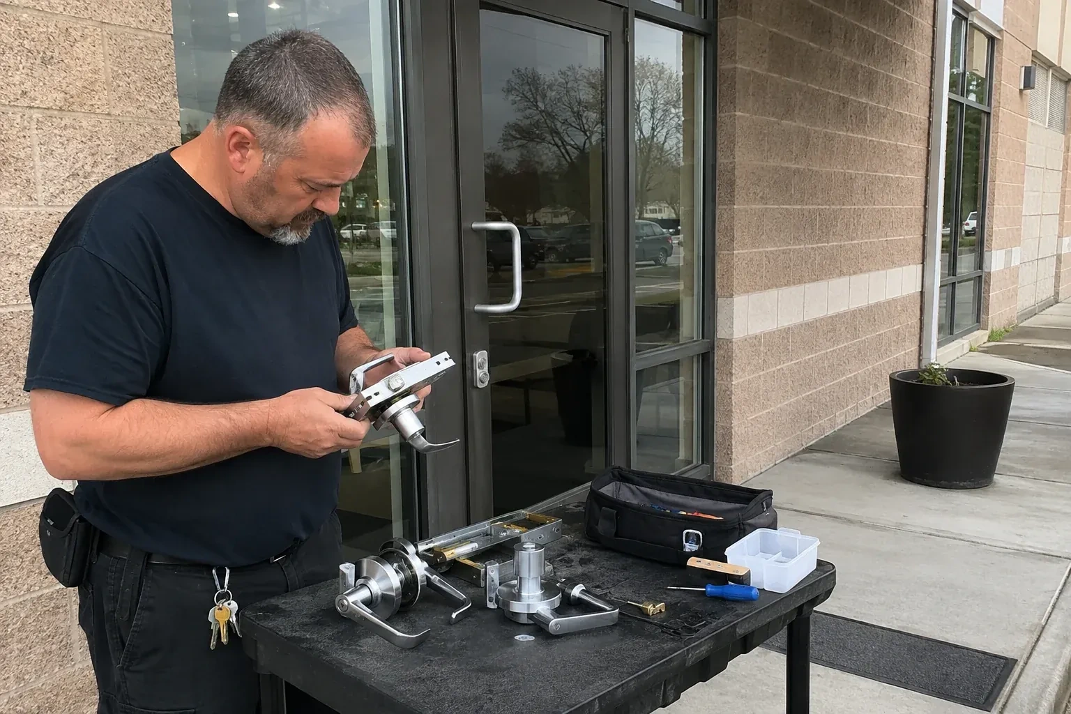Person holding a door-handle and latch assembly at a worktable outside a glass entrance, with additional handles and tools laid out. — Commercial Rekeying, Welland