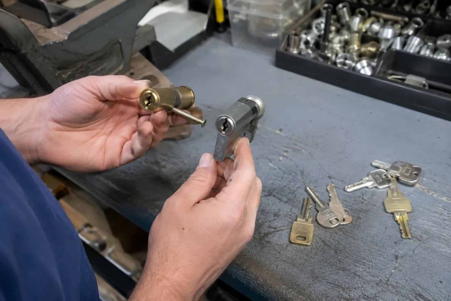 Hands comparing detached lock cylinders beside loose keys on a workbench. — Broken Key Extraction, Pelham