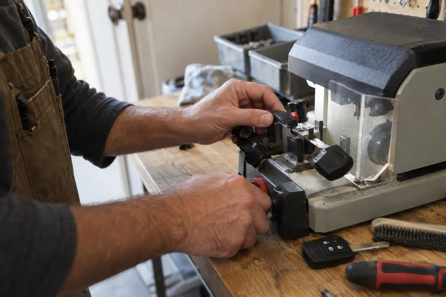 Hands clamping a key blank in a key-cutting machine on a wooden bench, with a car remote, screwdriver and wire brush nearby. — Pelham