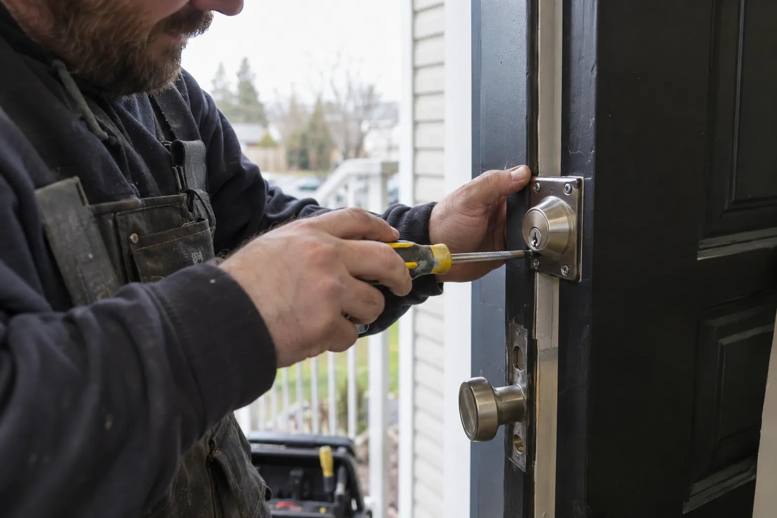 Hands using a yellow-handled screwdriver at a steel deadbolt plate on a dark door, with a steel knob below. — Fonthill