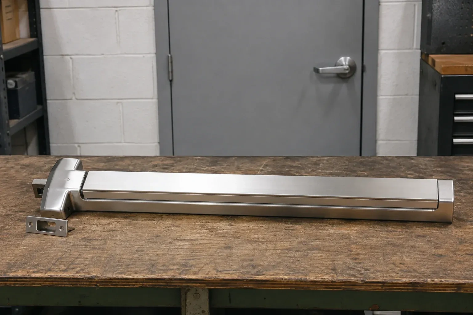 Detached horizontal exit device and separate strike component on a workshop bench. — Panic & Exit Hardware, Welland