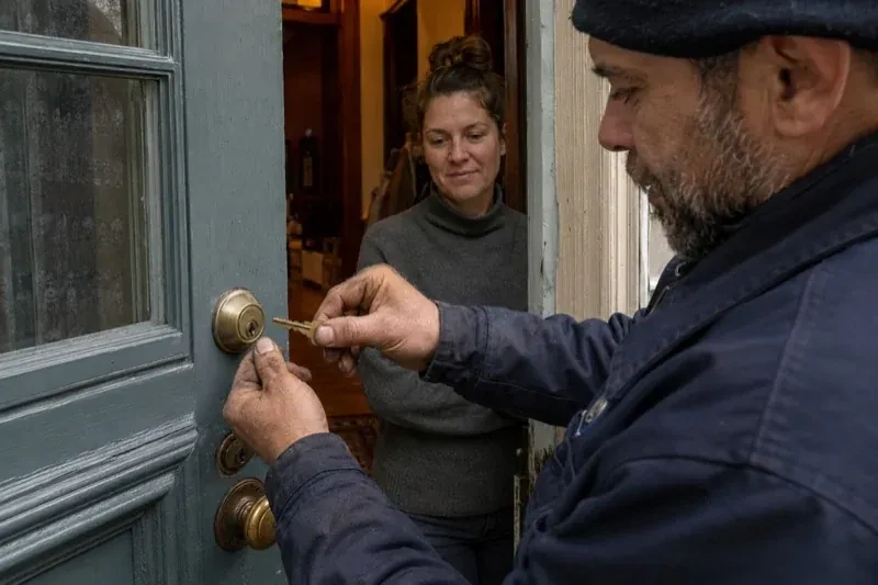 Person holding a key beside a brass-colored deadbolt on an open painted door while another person watches from inside. — Home Lockout Service, Welland