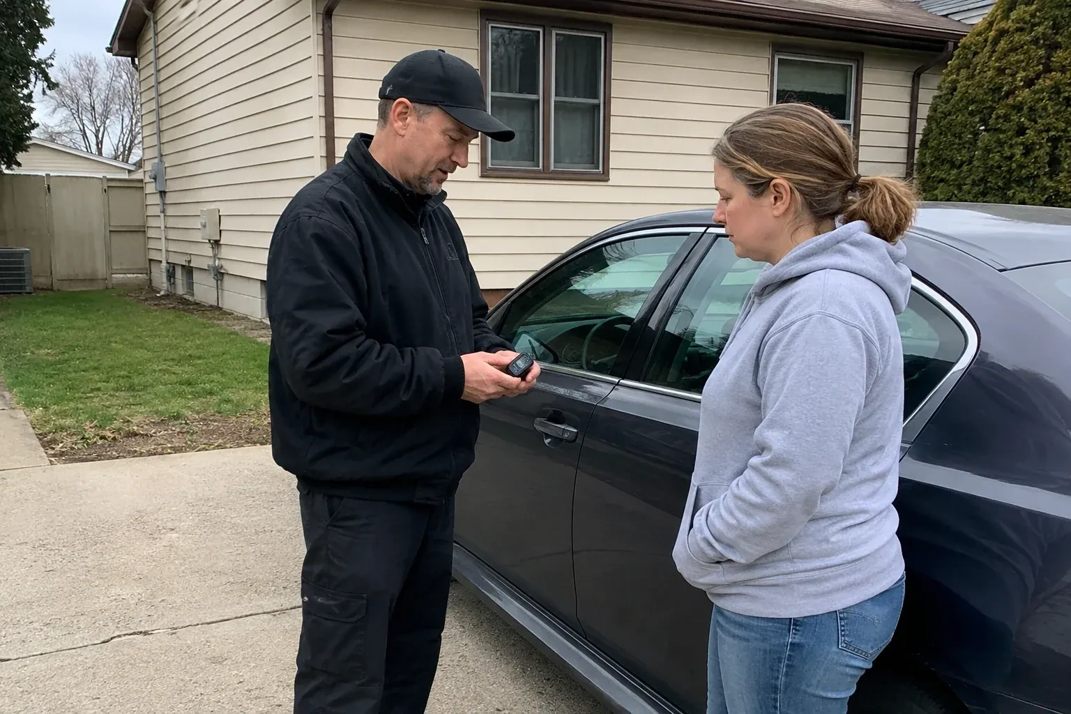 Two people standing beside a parked sedan, one wearing a cap and holding a small black device. — Vehicle Lock Repair, Welland