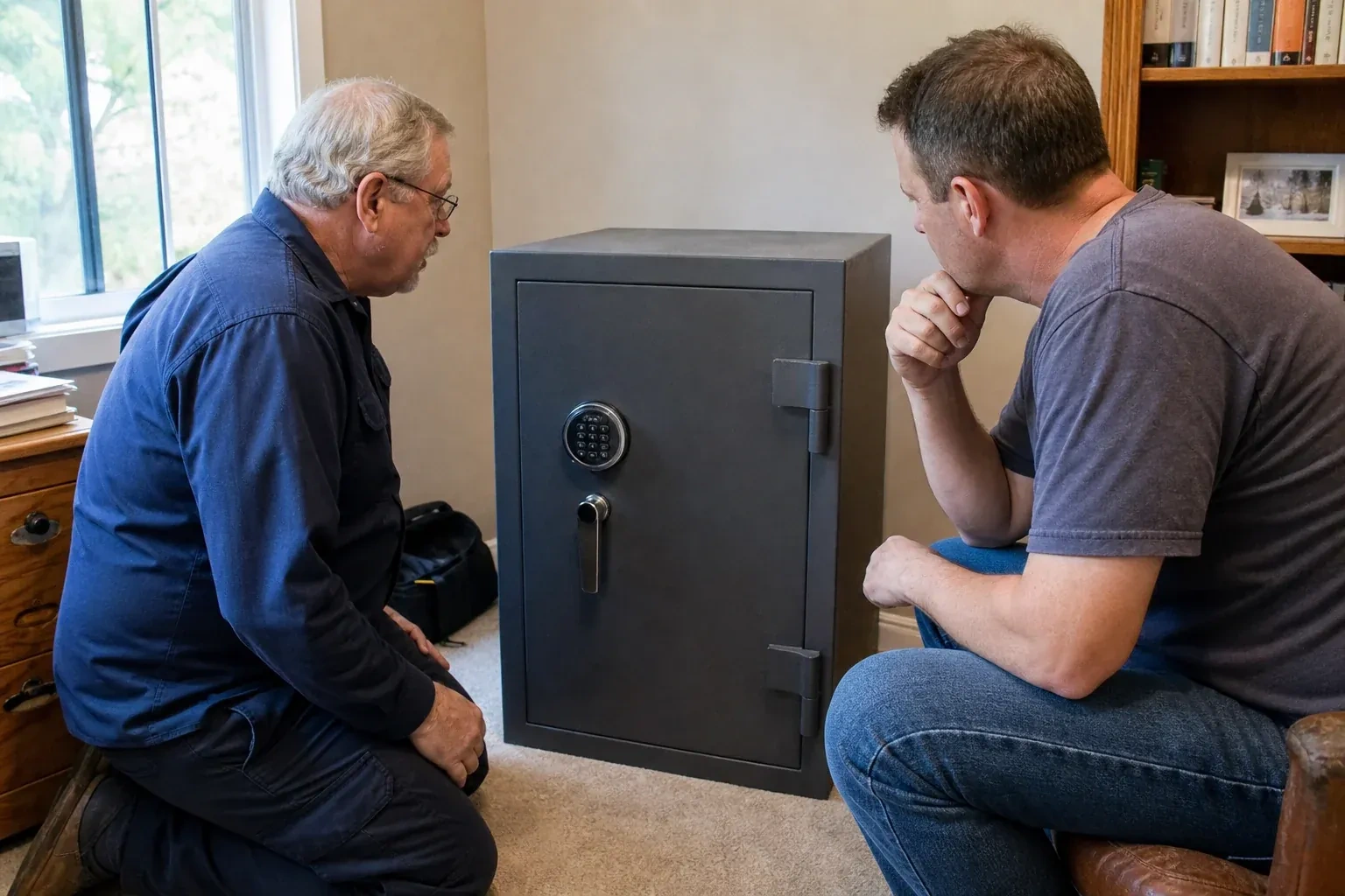 Two adults discussing a closed keypad safe in a home study. — Safe Opening & Combination Change, Welland