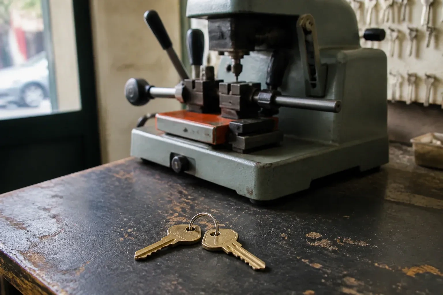 Two brass house keys on a ring resting on a workshop counter. — Spare Car Key Duplication, Welland