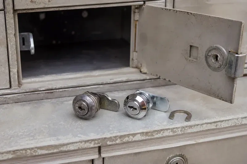 Two loose cam locks and a retaining clip resting below an open metal mailbox compartment. — Mailbox Lock Replacement, Welland