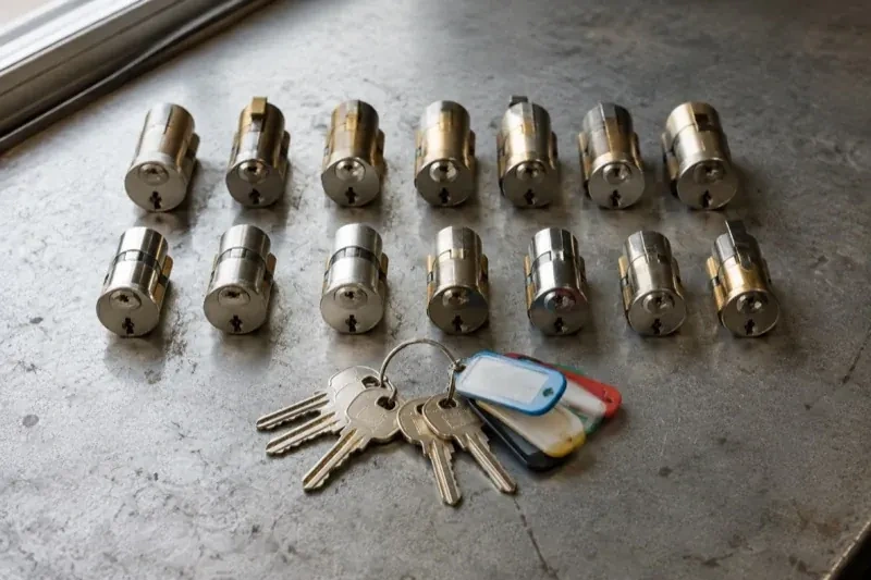 Two rows of lock cylinders on a metal surface with keys and colored key tags in front. — Master Key System Design, Welland