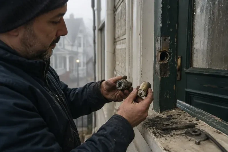 Person holding two lock cylinders beside an open painted door, with loose hardware and debris on the sill. — Seized & Jammed Lock Opening, Welland