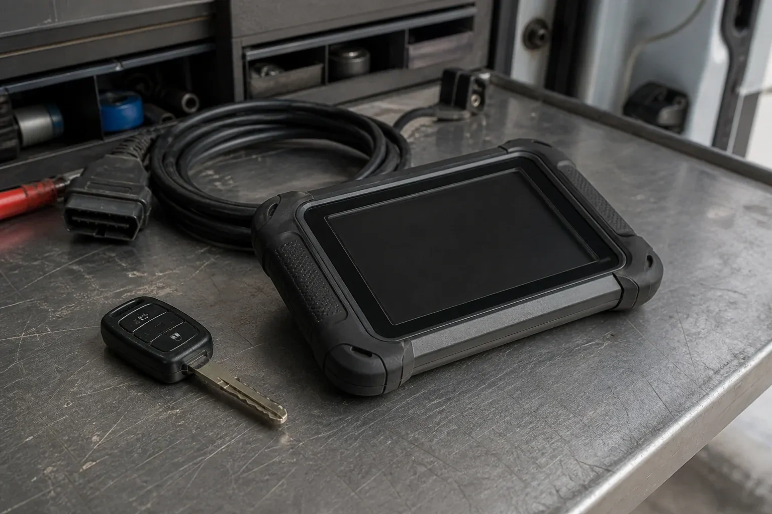 Vehicle key beside a dark diagnostic tablet and coiled connector cable on a workbench. — Transponder Key Programming, Welland